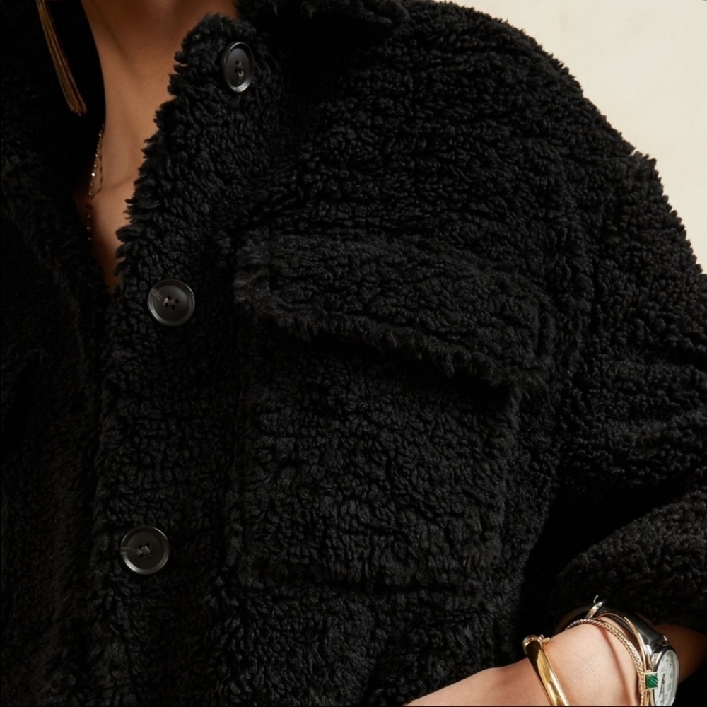 💥final Price | New | Banana Republic | Cropped Sherpa Trucker Jacket | Black - Picture 3 of 6